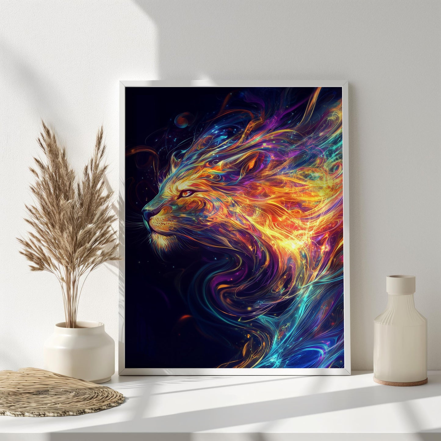 Fiery Lion Spirit Canvas Art - Vibrant Abstract Animal Portrait Wall Decor, Bold and Mystical Artwork for Living Room or Office