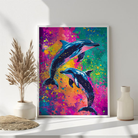 Vibrant Dolphins Splash Art Canvas Print - Colorful Ocean Wall Decor, Playful Marine Life Painting for Living Room or Kids Room