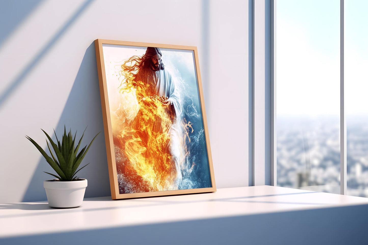 Jesus Divine Power Wall Art | Jesus Fire and Ice Canvas Painting | Jesus Spiritual Christian Wall Decor | Jesus Sacred Light Artwork