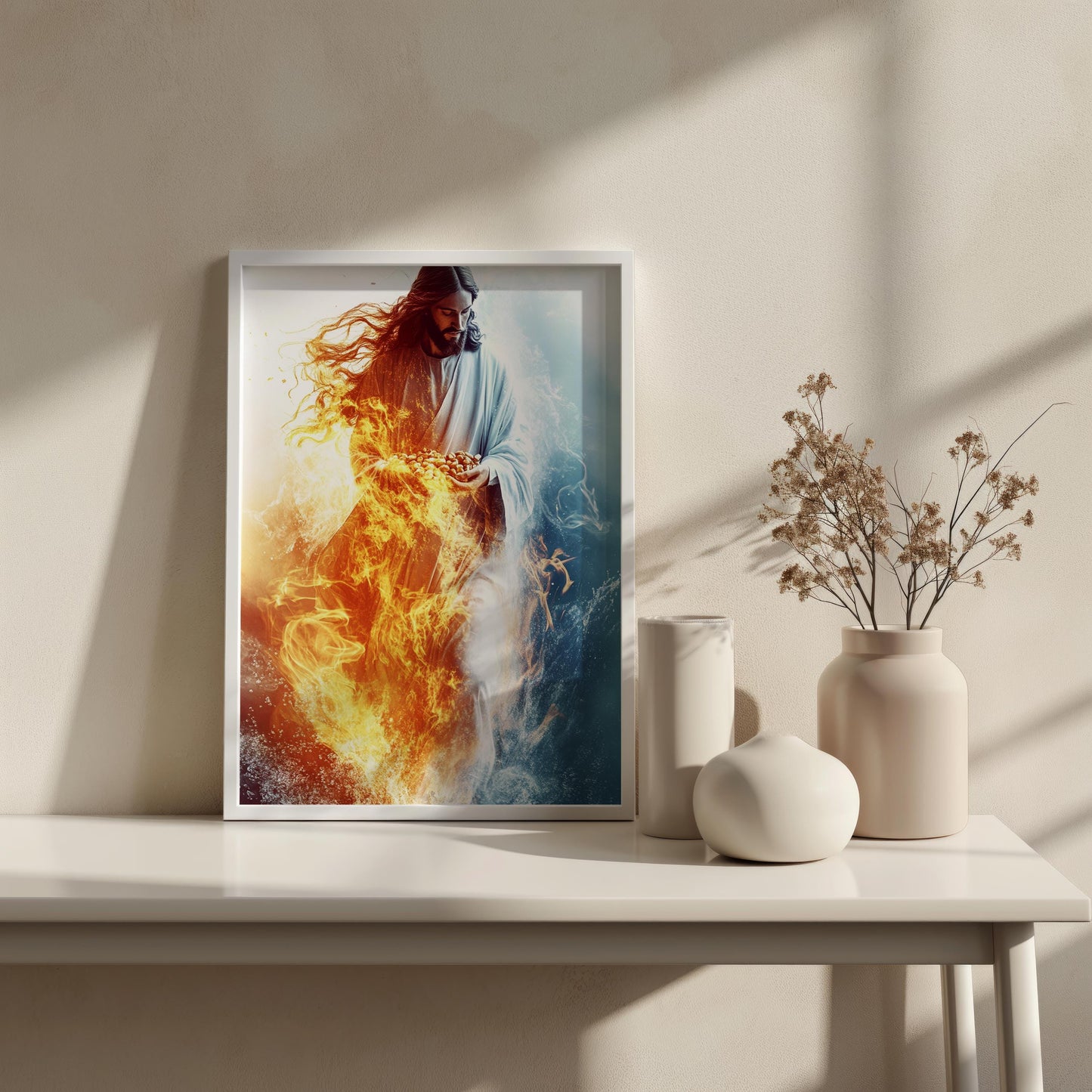 Jesus Divine Power Wall Art | Jesus Fire and Ice Canvas Painting | Jesus Spiritual Christian Wall Decor | Jesus Sacred Light Artwork