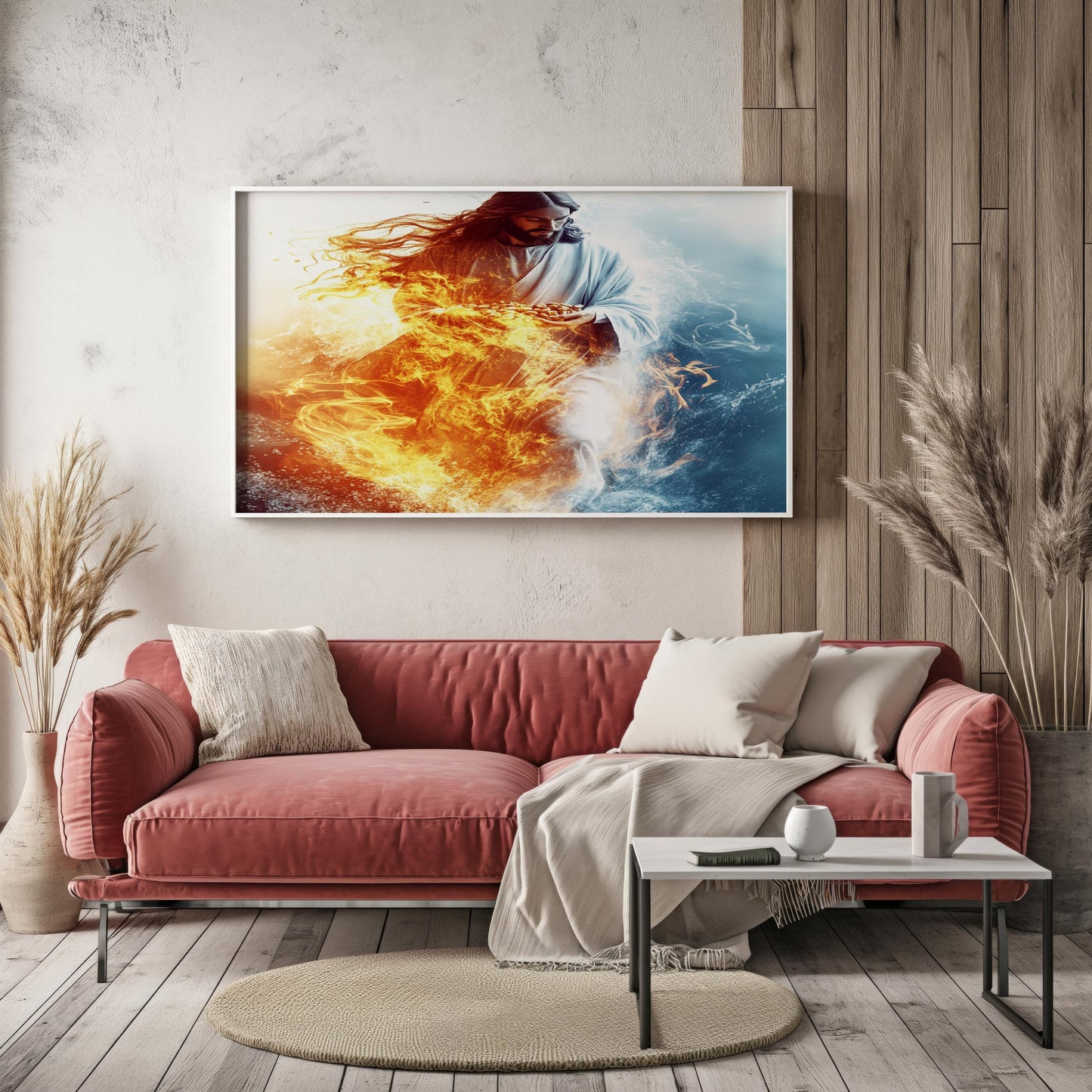 Jesus Divine Power Wall Art | Jesus Fire and Ice Canvas Painting | Jesus Spiritual Christian Wall Decor | Jesus Sacred Light Artwork