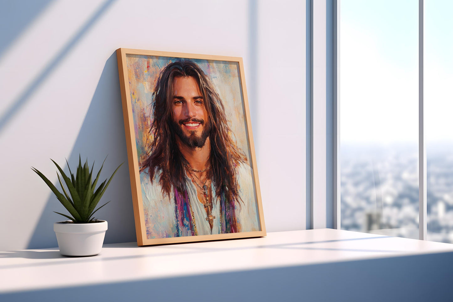 Sacred Portrait Wall Art | Religious Modern Canvas Painting | Christian Spiritual Wall Decor | Joyful Expression Art Print | Jesus Wall Art