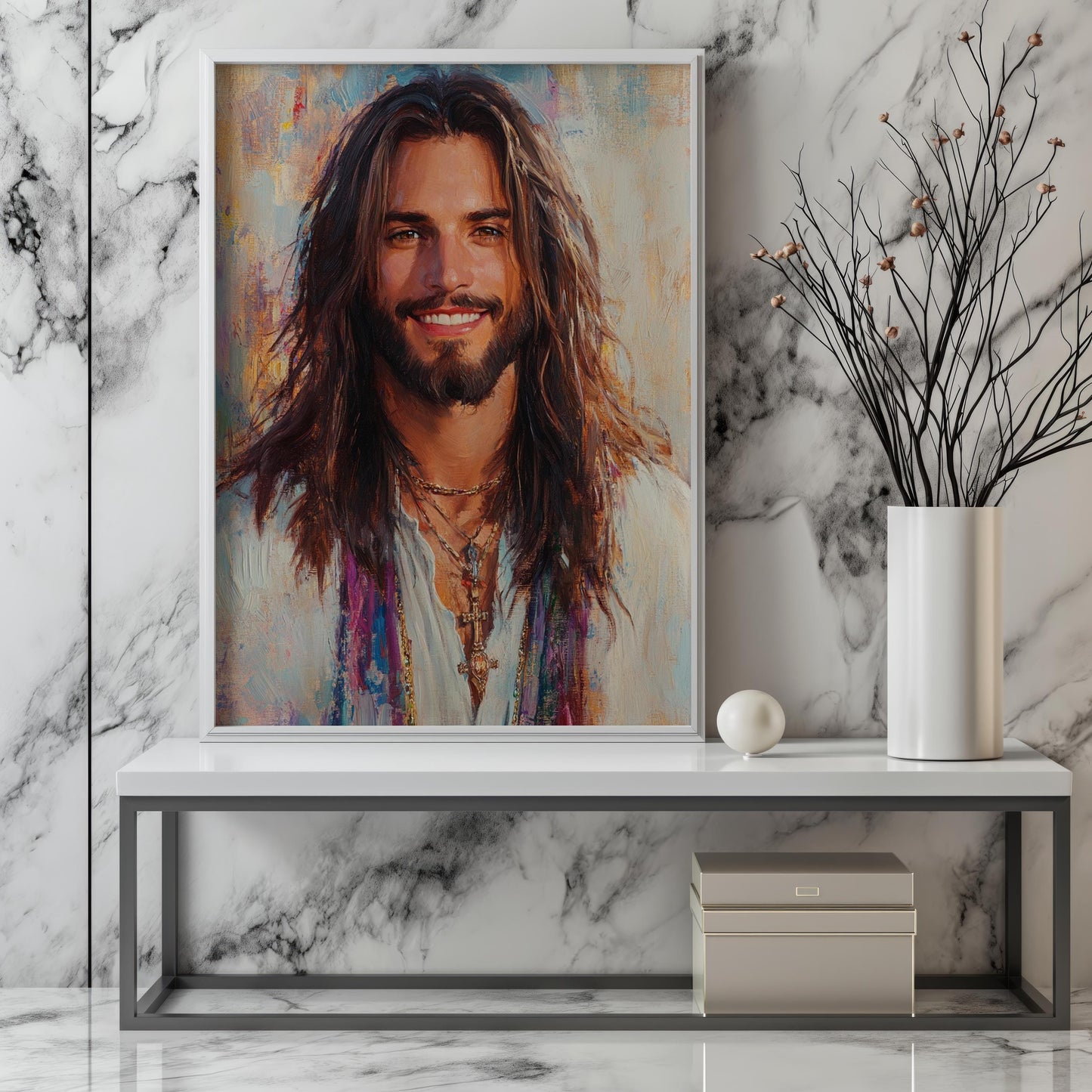 Sacred Portrait Wall Art | Religious Modern Canvas Painting | Christian Spiritual Wall Decor | Joyful Expression Art Print | Jesus Wall Art