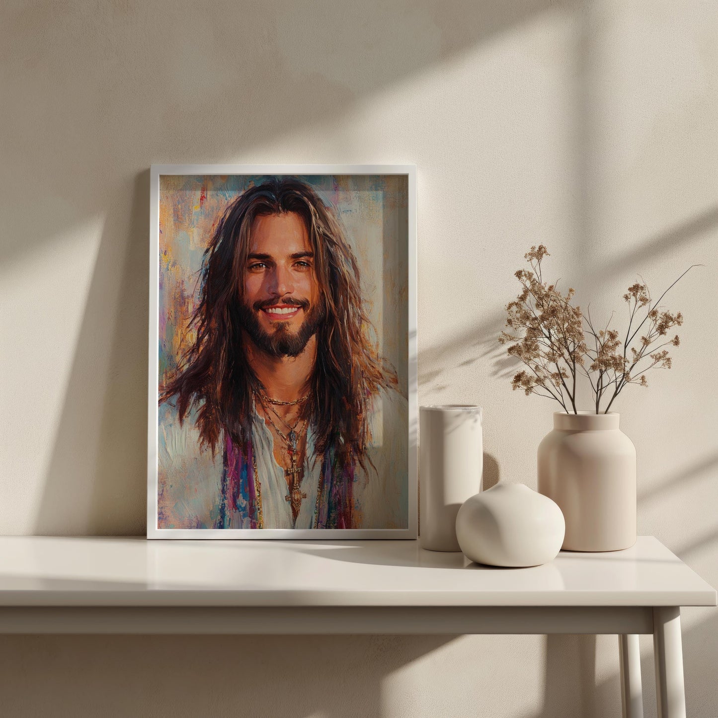 Sacred Portrait Wall Art | Religious Modern Canvas Painting | Christian Spiritual Wall Decor | Joyful Expression Art Print | Jesus Wall Art