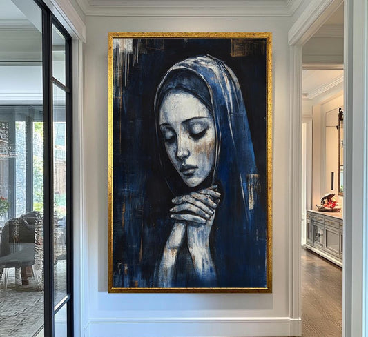 Virgin Mary Wall Art | Blue and White Canvas Painting | Catholic Religious Wall Decor | Sacred Mother Portrait | Christian Art