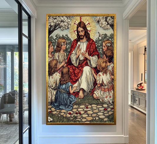 Jesus with Children Wall Art | Vintage Style Canvas Painting | Christian Religious Wall Decor | Classic Biblical Scene Art | Jesus Wall Art