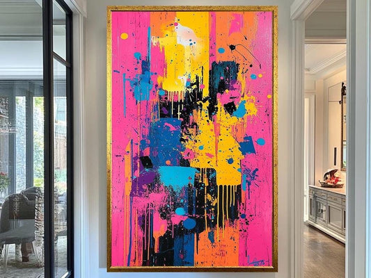 Vibrant Abstract Canvas Wall Art, Modern Colorful Wall Décor, Large Pink Yellow Blue Splatter Painting, Unique Hand-Painted Artwork