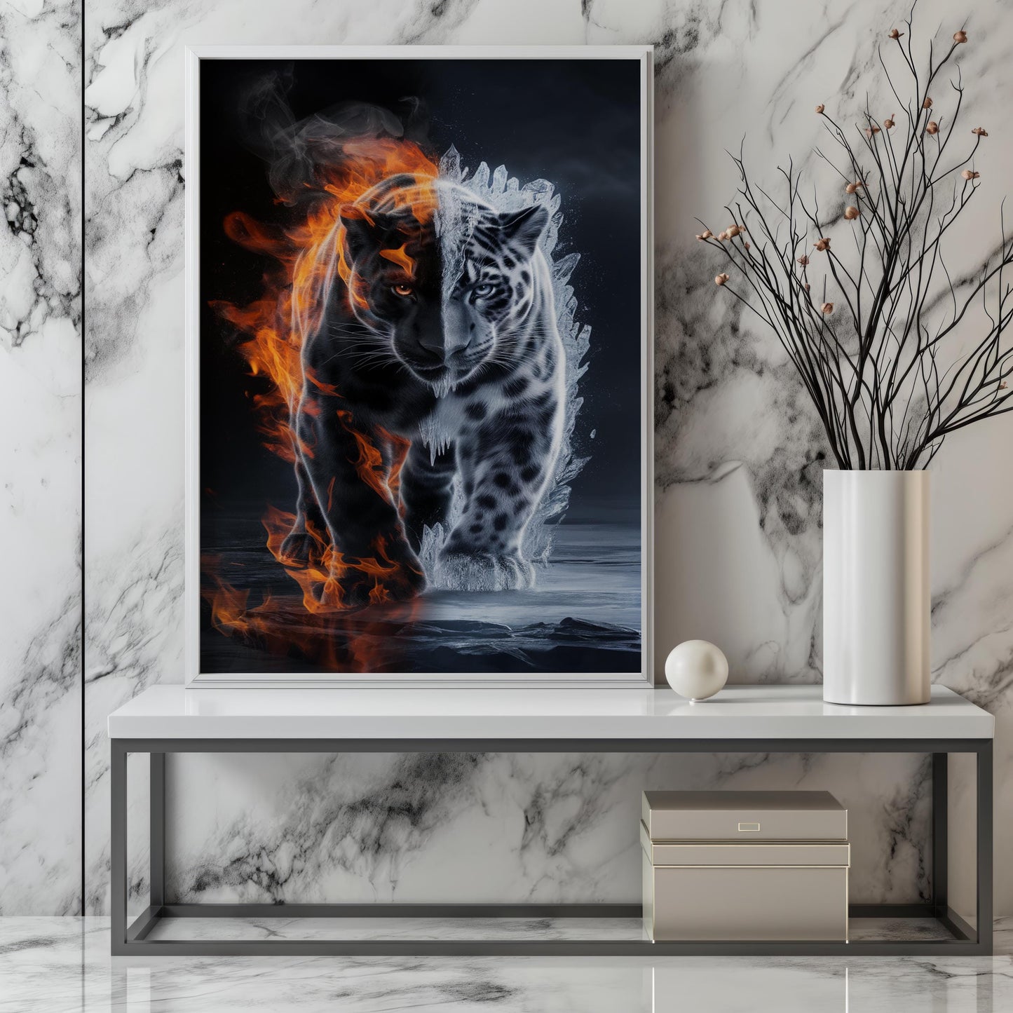 Fire and Ice Tiger Wall Art | Spiritual Animal Canvas Painting | Modern Fantasy Wildlife Wall Decor | Animal Canvas Decor | Cool Wal Art