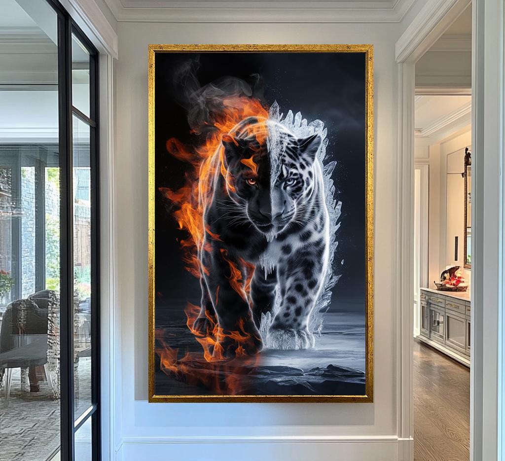 Fire and Ice Tiger Wall Art | Spiritual Animal Canvas Painting | Modern Fantasy Wildlife Wall Decor | Animal Canvas Decor | Cool Wal Art