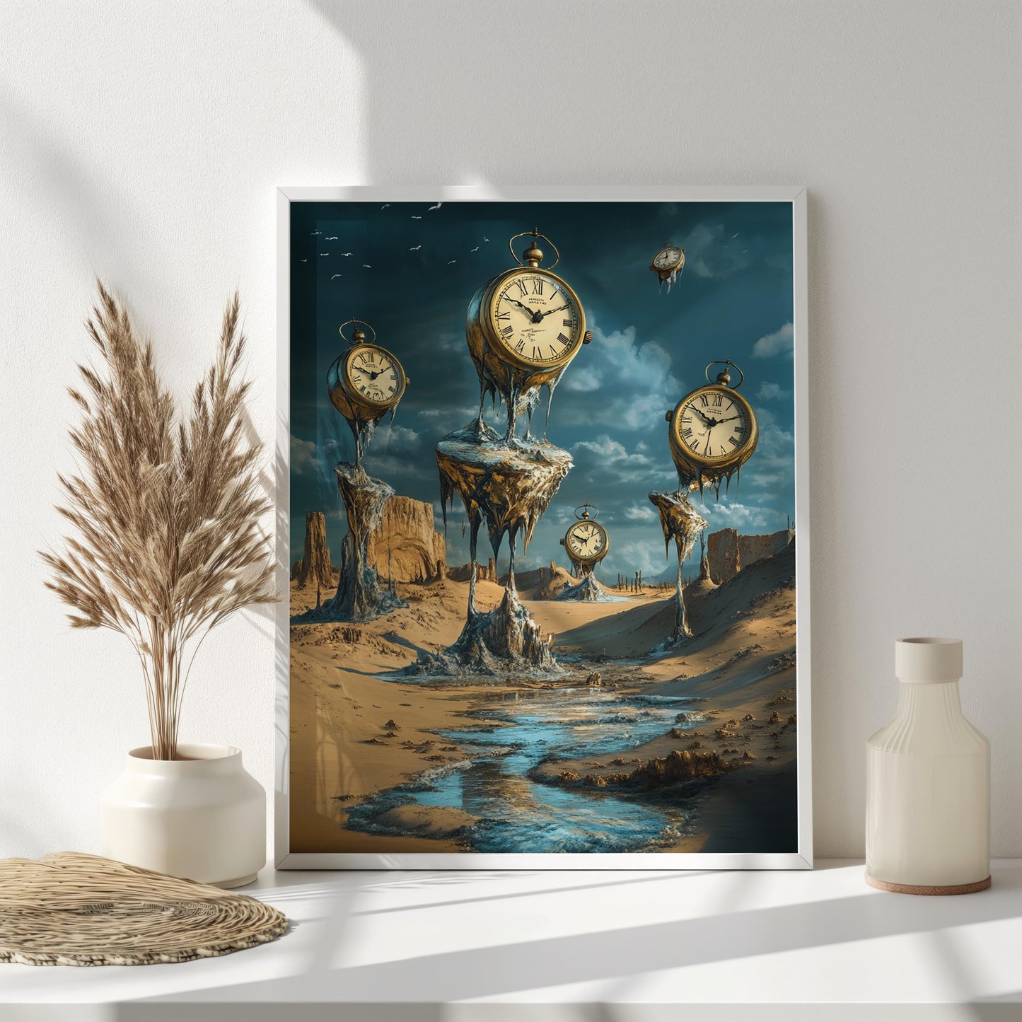 Surreal Melting Clocks Wall Art | Salvador Dali Style Canvas Painting | Desert Time Fantasy Wall Decor | Unique Home Art