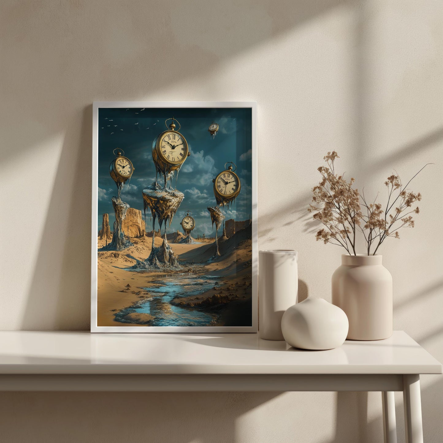 Surreal Melting Clocks Wall Art | Salvador Dali Style Canvas Painting | Desert Time Fantasy Wall Decor | Unique Home Art