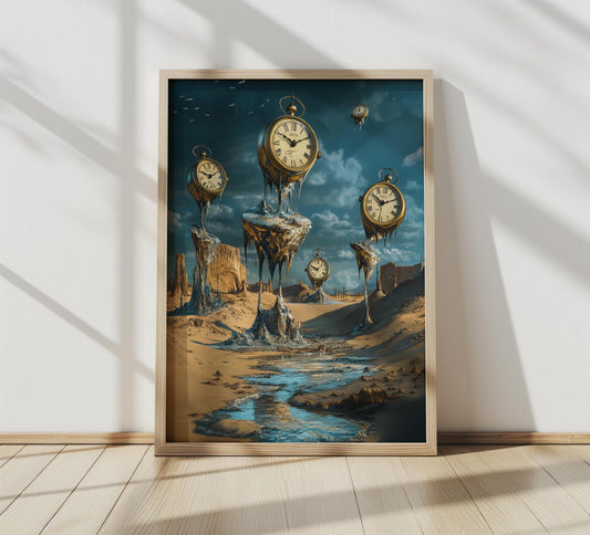 Surreal Melting Clocks Wall Art | Salvador Dali Style Canvas Painting | Desert Time Fantasy Wall Decor | Unique Home Art