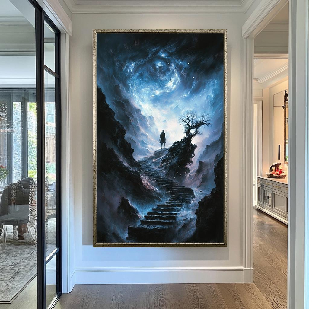 Stairway to Universe Wall Art | Mystical Night Sky Canvas Painting | Fantasy Silhouette Wall Decor | Cosmic Path Art