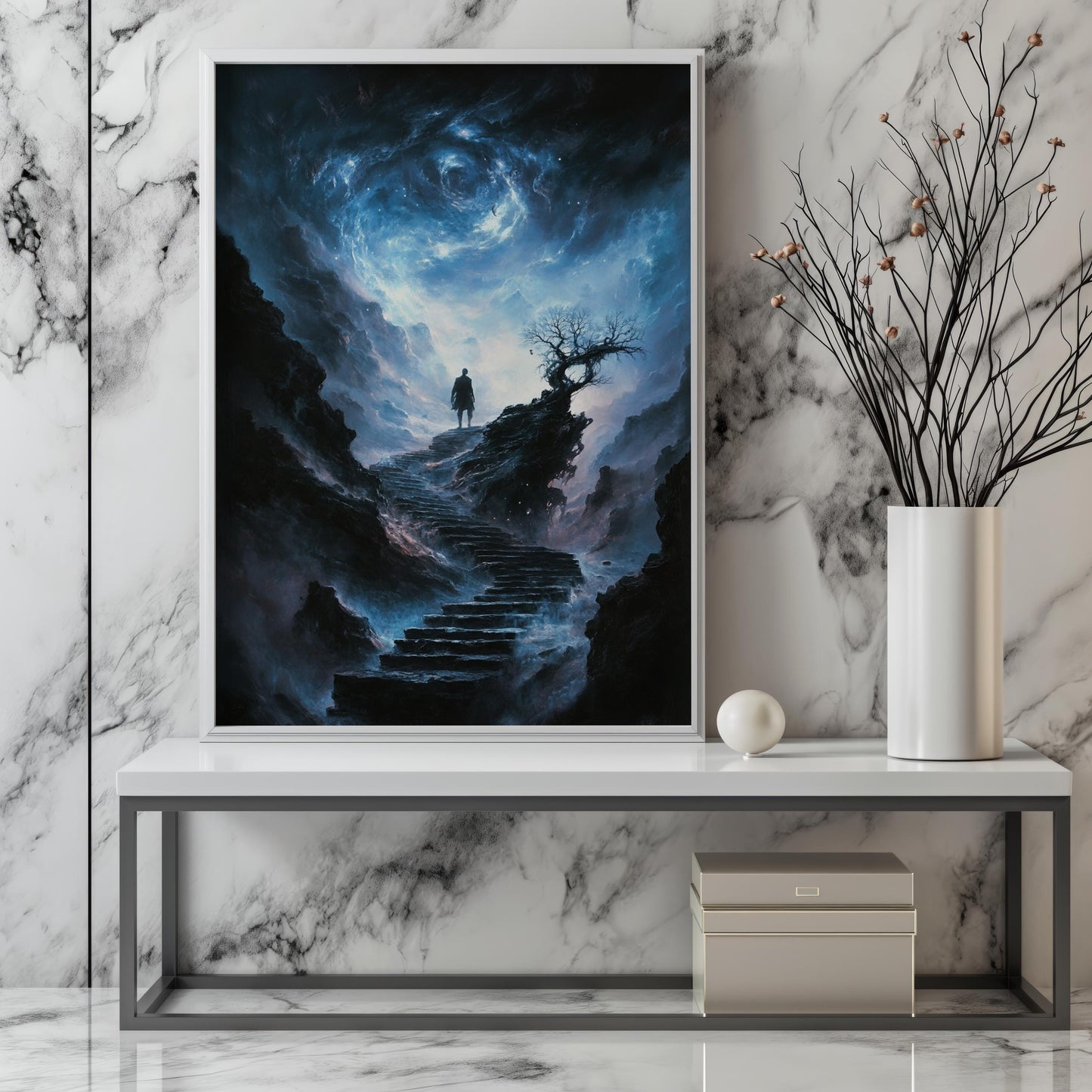 Stairway to Universe Wall Art | Mystical Night Sky Canvas Painting | Fantasy Silhouette Wall Decor | Cosmic Path Art