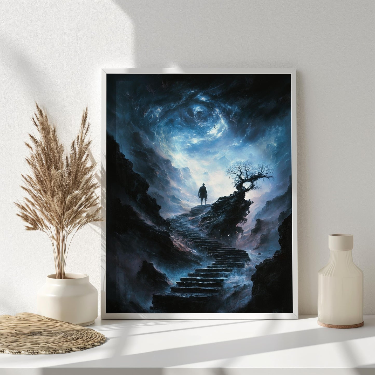 Stairway to Universe Wall Art | Mystical Night Sky Canvas Painting | Fantasy Silhouette Wall Decor | Cosmic Path Art