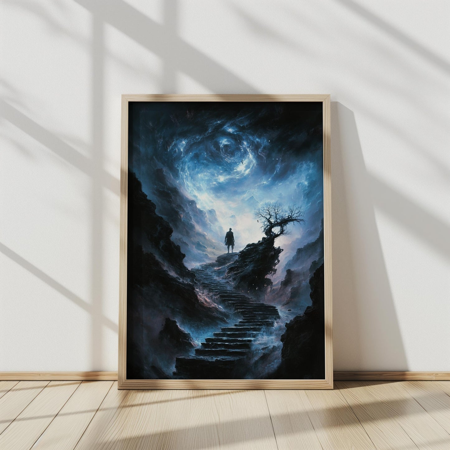 Stairway to Universe Wall Art | Mystical Night Sky Canvas Painting | Fantasy Silhouette Wall Decor | Cosmic Path Art