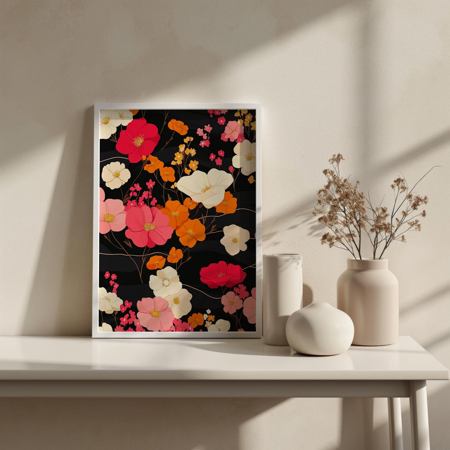 Vibrant Floral Pattern Wall Art | Modern Botanical Canvas Painting | Black Background Wall Decor | Pink Orange Flower Print