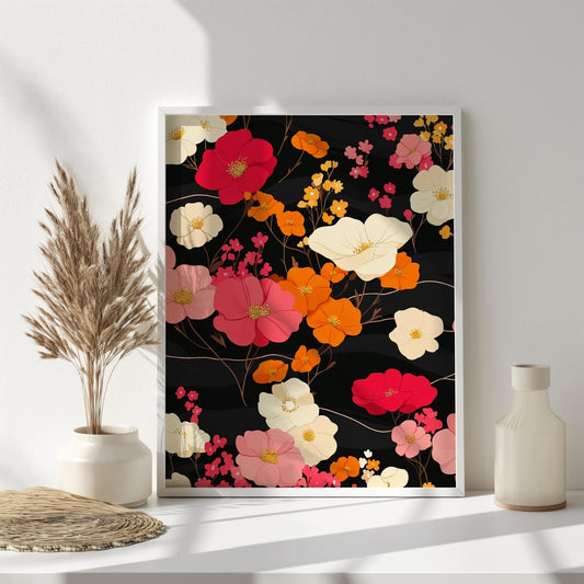 Vibrant Floral Pattern Wall Art | Modern Botanical Canvas Painting | Black Background Wall Decor | Pink Orange Flower Print