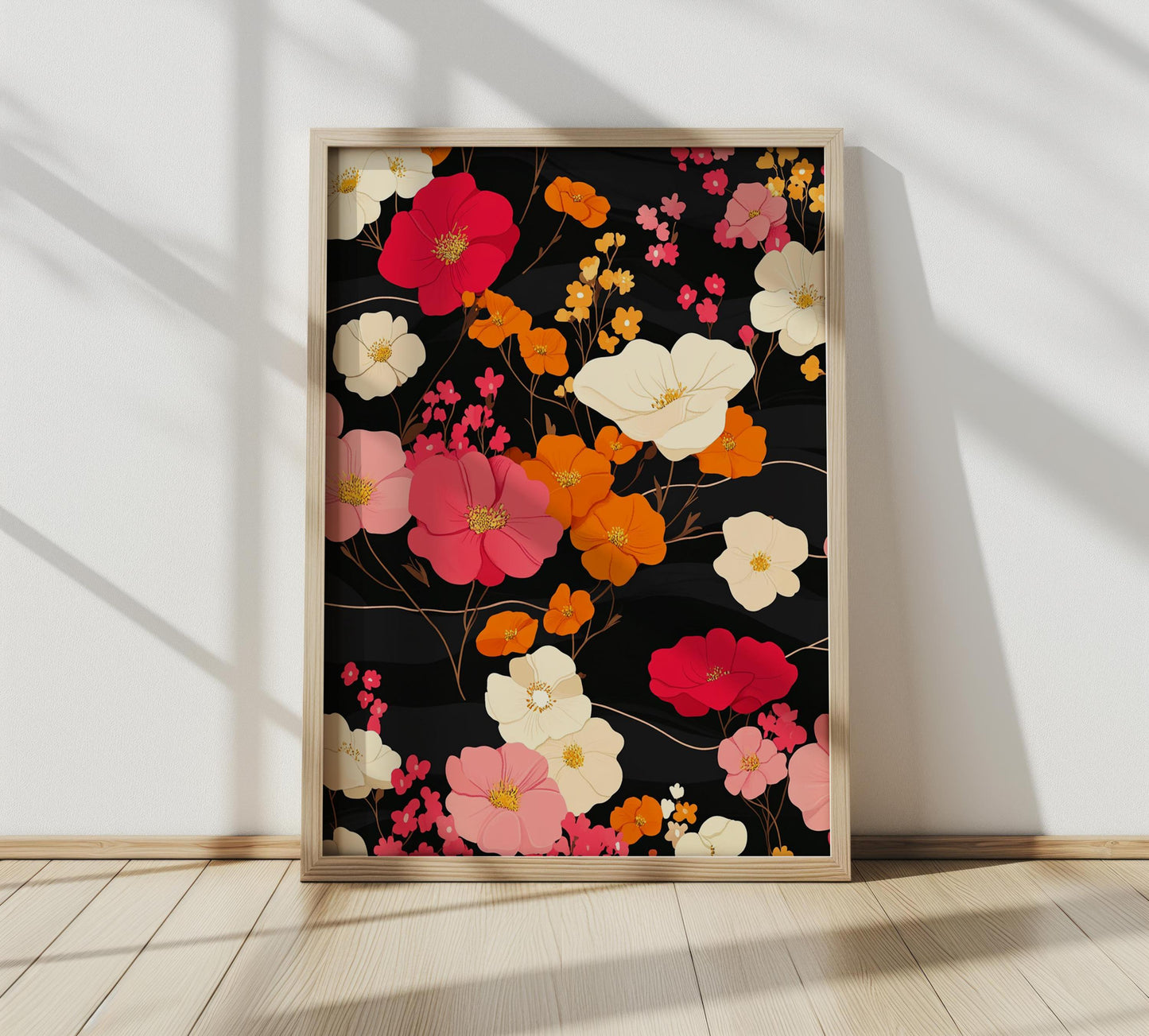 Vibrant Floral Pattern Wall Art | Modern Botanical Canvas Painting | Black Background Wall Decor | Pink Orange Flower Print