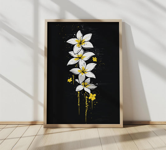 White Plumeria Wall Art | Modern Tropical Canvas Painting | Black Yellow Wall Decor | Minimalist Floral Art | floral wall art | flower art