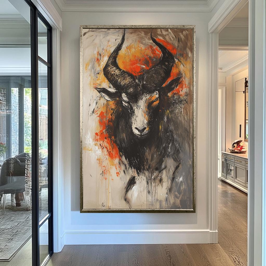 Goat Wall Art | Orange Fire Abstract Canvas Painting | Modern Goat Wall Decor Living Room Dark Animal Artwork | Goat Wall Art | Goat Decor