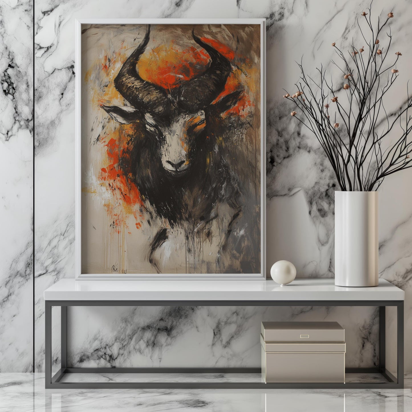 Goat Wall Art | Orange Fire Abstract Canvas Painting | Modern Goat Wall Decor Living Room Dark Animal Artwork | Goat Wall Art | Goat Decor