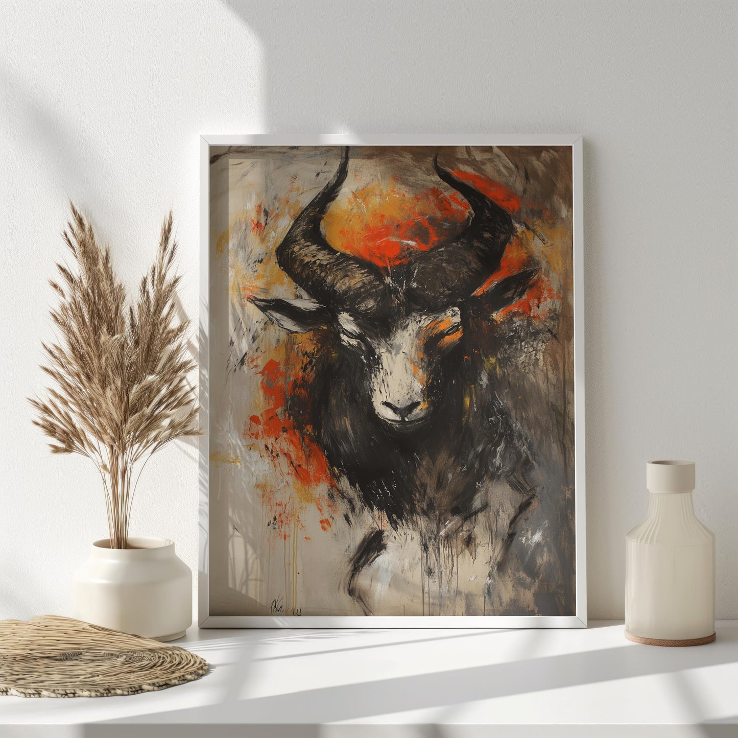 Goat Wall Art | Orange Fire Abstract Canvas Painting | Modern Goat Wall Decor Living Room Dark Animal Artwork | Goat Wall Art | Goat Decor