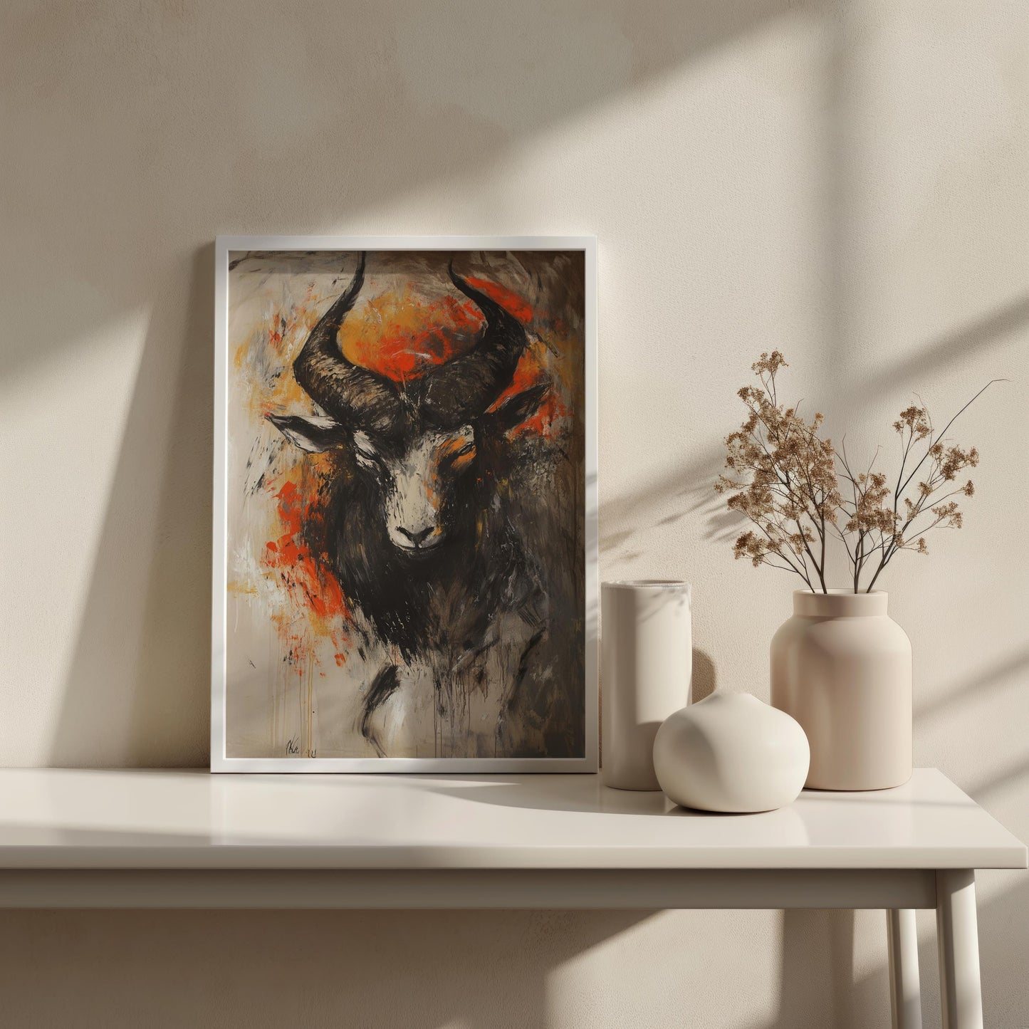 Goat Wall Art | Orange Fire Abstract Canvas Painting | Modern Goat Wall Decor Living Room Dark Animal Artwork | Goat Wall Art | Goat Decor