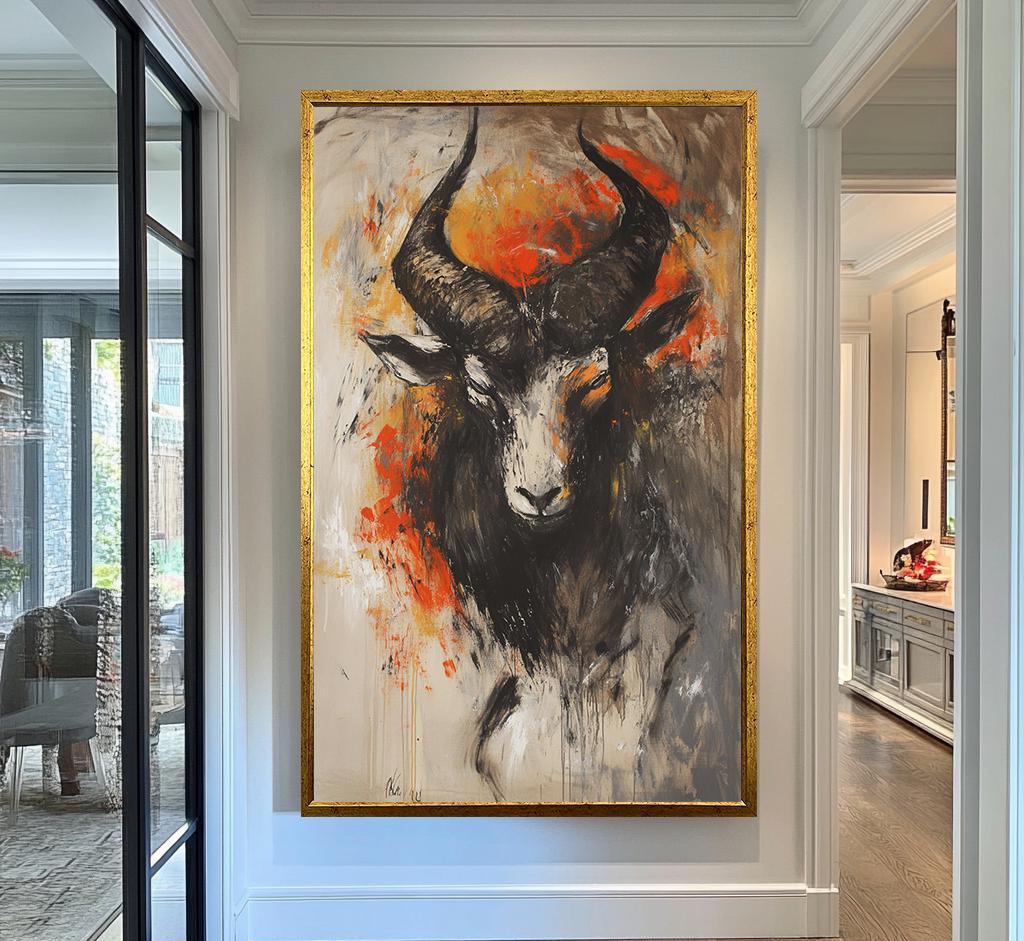 Goat Wall Art | Orange Fire Abstract Canvas Painting | Modern Goat Wall Decor Living Room Dark Animal Artwork | Goat Wall Art | Goat Decor