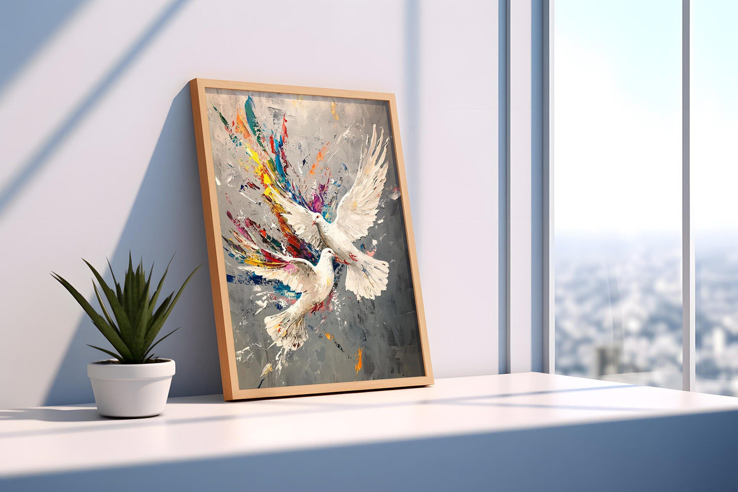 White Doves Wall Art | Colorful Abstract Canvas Painting | Modern Peace Birds Wall Decor Flying Dove Splash Art Peace Symbol