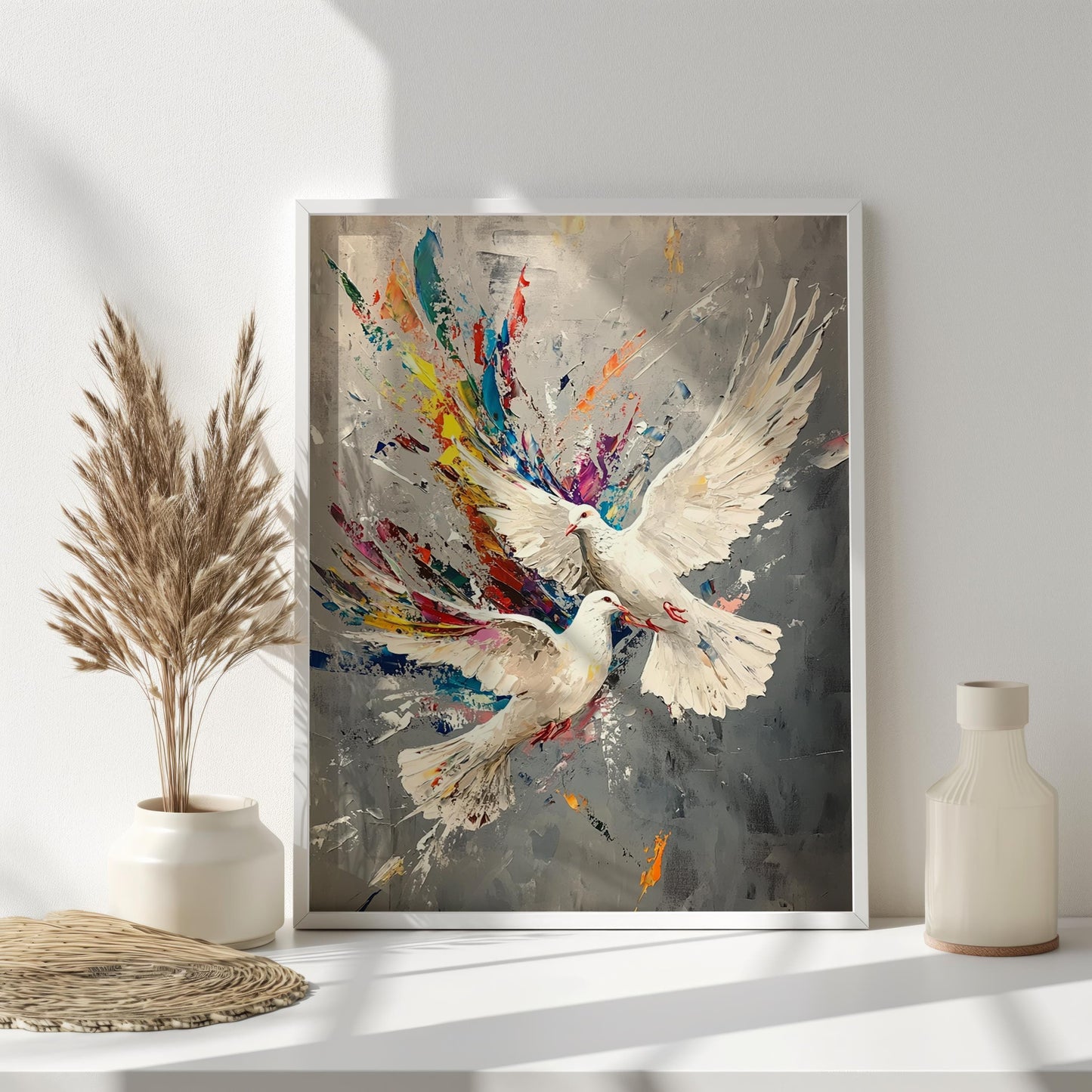 White Doves Wall Art | Colorful Abstract Canvas Painting | Modern Peace Birds Wall Decor Flying Dove Splash Art Peace Symbol