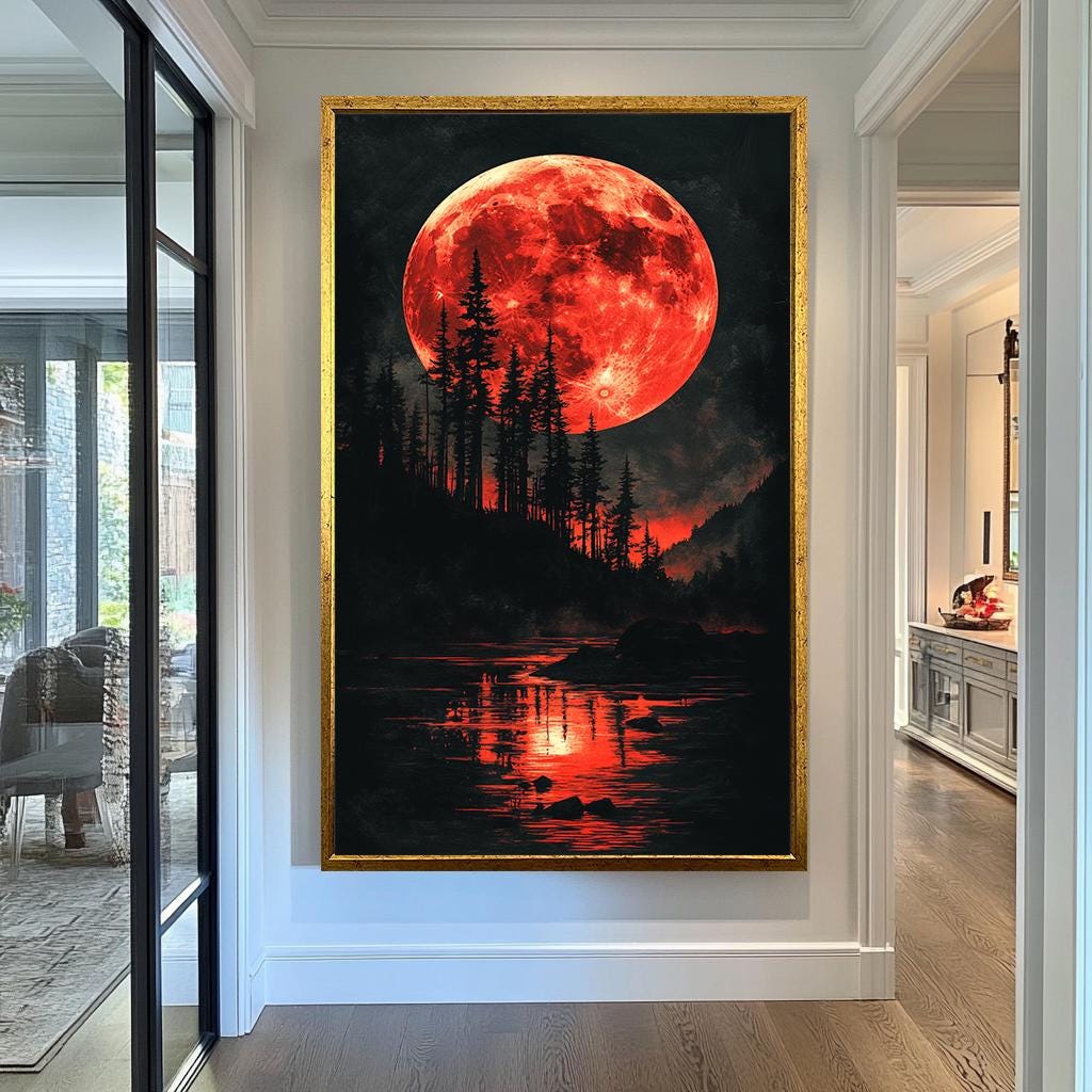 Red Moon Wall Art | Moon and Forest Lake Canvas Painting | Gothic Nature Wall Decor Blood Moon Night Landscape Modern Artwork | Moon prints