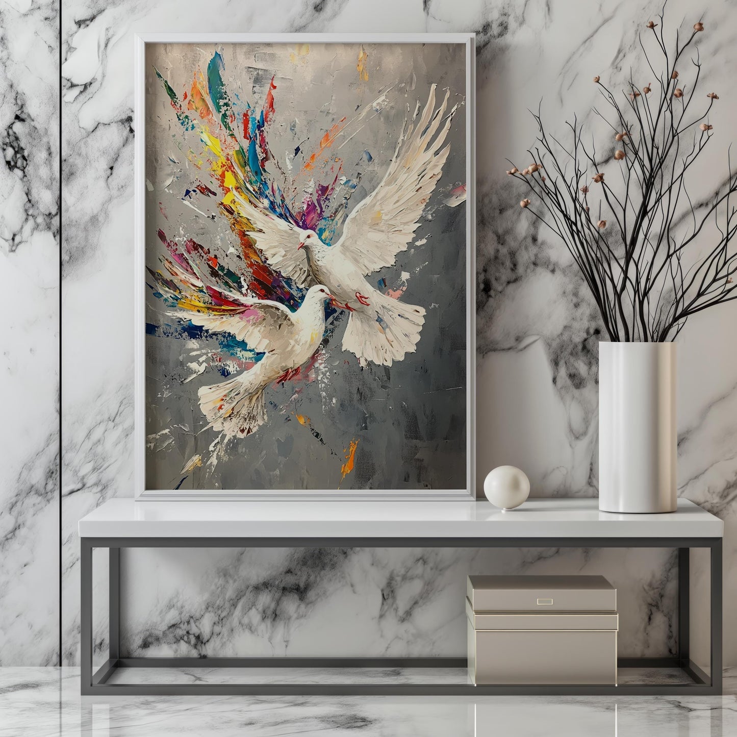 White Doves Wall Art | Colorful Abstract Canvas Painting | Modern Peace Birds Wall Decor Flying Dove Splash Art Peace Symbol