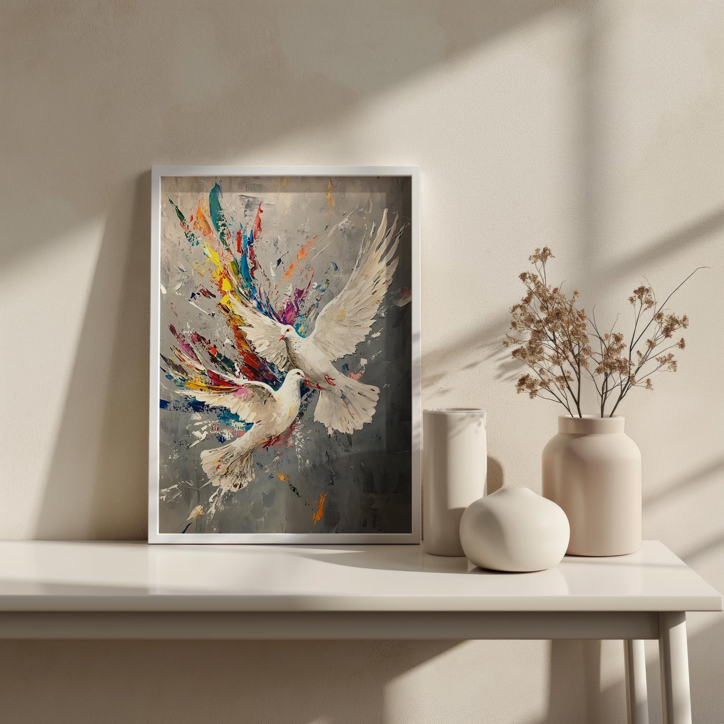 White Doves Wall Art | Colorful Abstract Canvas Painting | Modern Peace Birds Wall Decor Flying Dove Splash Art Peace Symbol