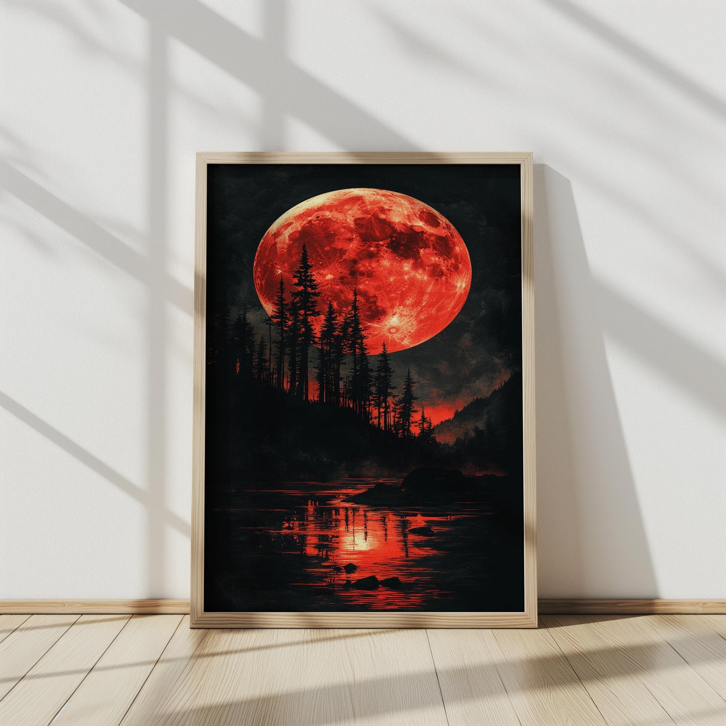 Red Moon Wall Art | Moon and Forest Lake Canvas Painting | Gothic Nature Wall Decor Blood Moon Night Landscape Modern Artwork | Moon prints