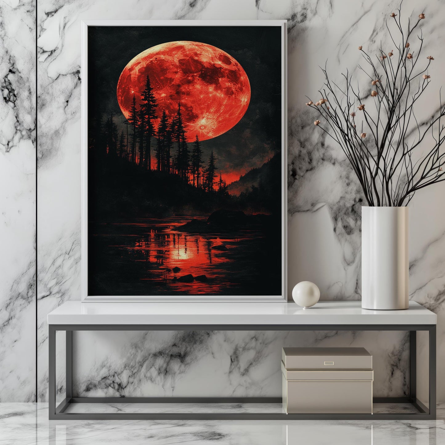 Red Moon Wall Art | Moon and Forest Lake Canvas Painting | Gothic Nature Wall Decor Blood Moon Night Landscape Modern Artwork | Moon prints