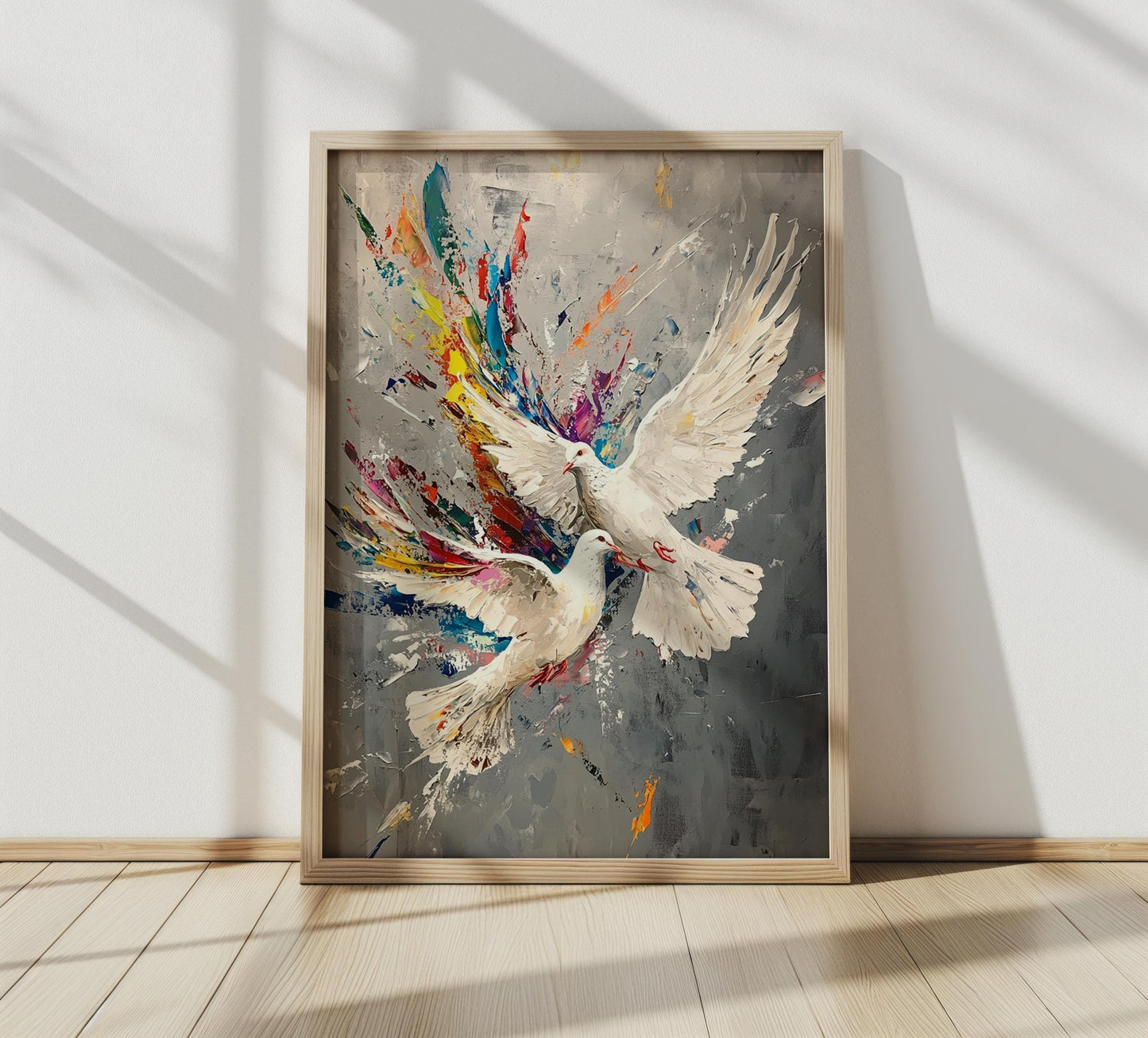 White Doves Wall Art | Colorful Abstract Canvas Painting | Modern Peace Birds Wall Decor Flying Dove Splash Art Peace Symbol