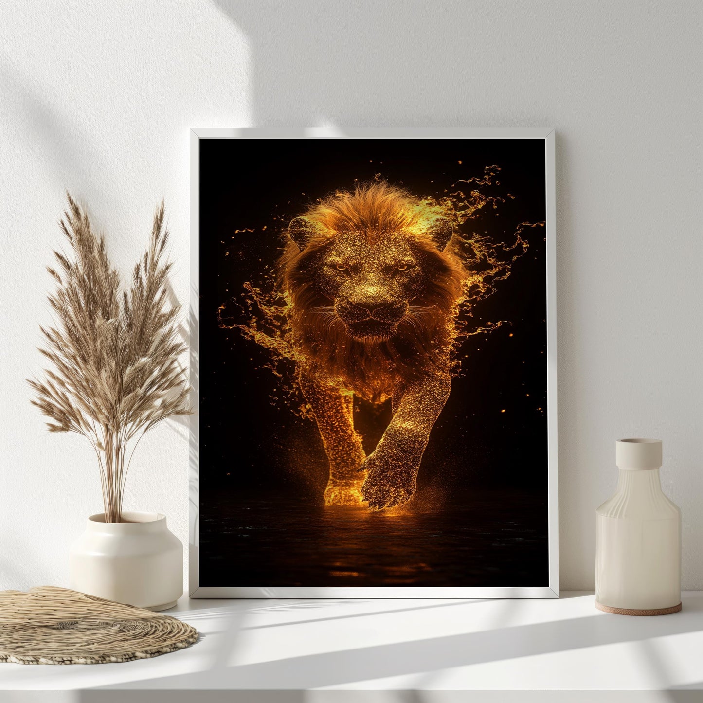 Golden Lion Wall Art | Lion Wall Decor | Lion Canvas Painting | Luxury Modern Wall Decor Glowing Lion King African Safari Art, Lion Wall Art