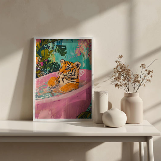 Tiger Cub in Pink Bathtub Canvas Art  Playful Jungle Animal Painting, Cute and Colorful Wall Decor for Kids Room