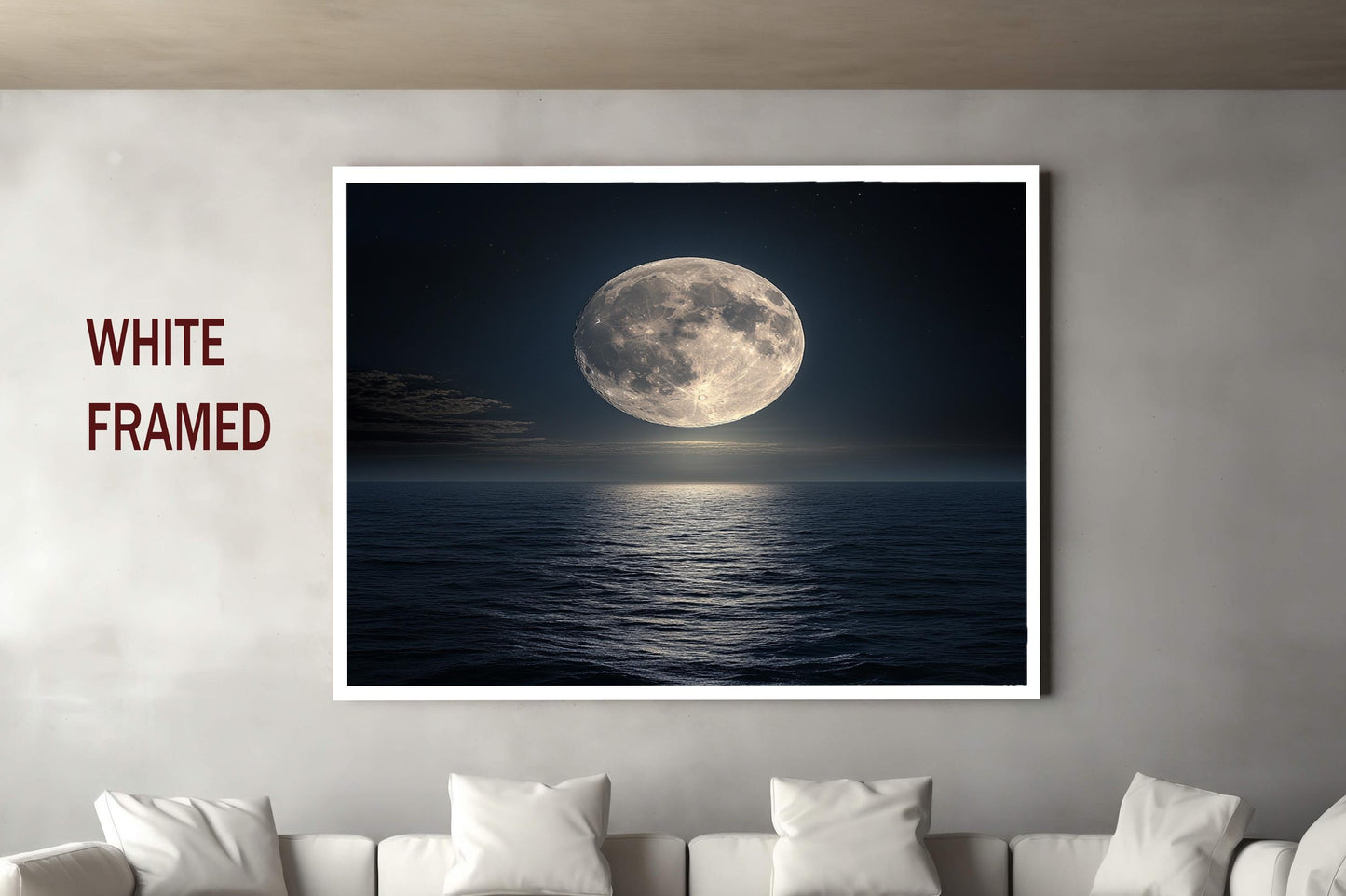 Full Moon Ocean Wall Art | Night Sea Reflection Canvas Print | Moonlight Seascape Wall Decor Modern Home Living Room Art