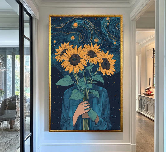 Starry Night Sunflowers Canvas Wall Art | Whimsical Nature Design | Bold and Dreamlike Artwork | Ready to Hang | Modern Floral Portrait