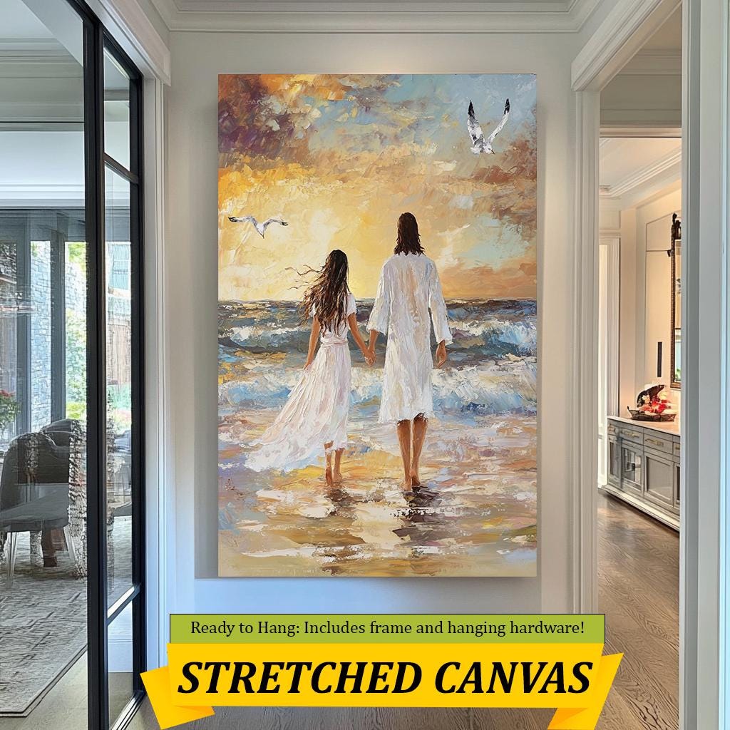 Jesus Romantic Beach Sunset Painting, Jesus Couple Walking Hand in Hand Wall Art, Jesus Impressionist Artwork, Serene Coastal Décor Print