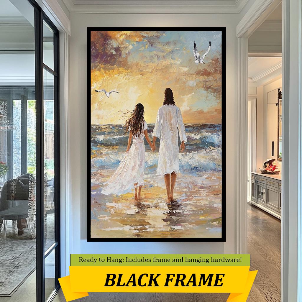 Jesus Romantic Beach Sunset Painting, Jesus Couple Walking Hand in Hand Wall Art, Jesus Impressionist Artwork, Serene Coastal Décor Print