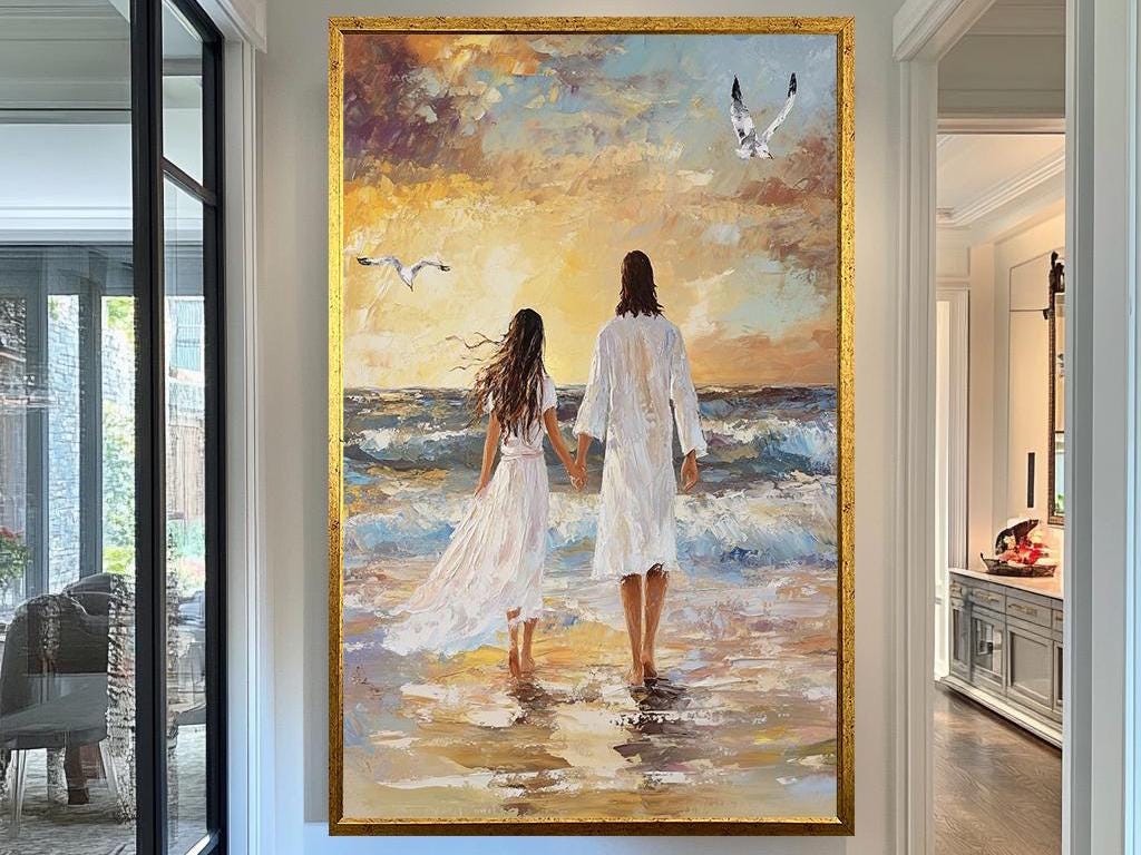 Jesus Romantic Beach Sunset Painting, Jesus Couple Walking Hand in Hand Wall Art, Jesus Impressionist Artwork, Serene Coastal Décor Print