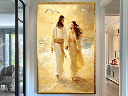 Jesus Magdalene Walking on Beach Wall Art, Jesus Spiritual Christian Artwork, Jesus Inspirational Religious Painting, Peaceful Home Décor