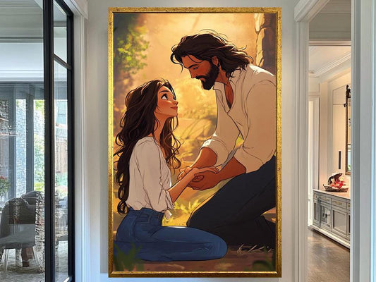 Jesus and Woman in Compassionate Moment Artwork, Inspirational Christian Wall Art, Modern Faith Illustration for Home Decor | religious art