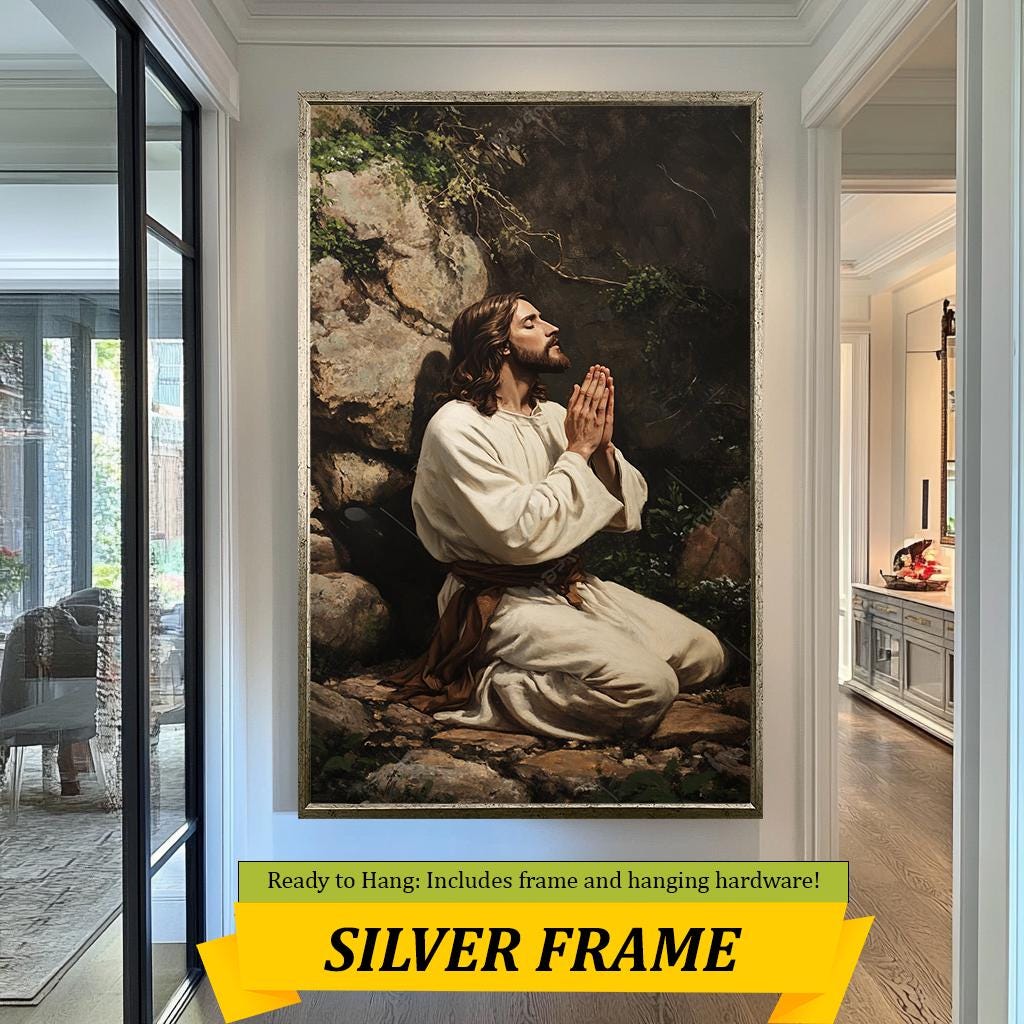 Jesus Praying in Gethsemane Wall Art, Inspirational Christian Artwork, Spiritual Faith Painting for Home and Prayer Room Decor