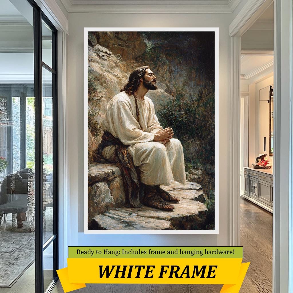 Jesus in Contemplation Wall Art, Peaceful Christian Painting, Inspirational Faith Artwork for Home, Prayer Room, or Church Décor