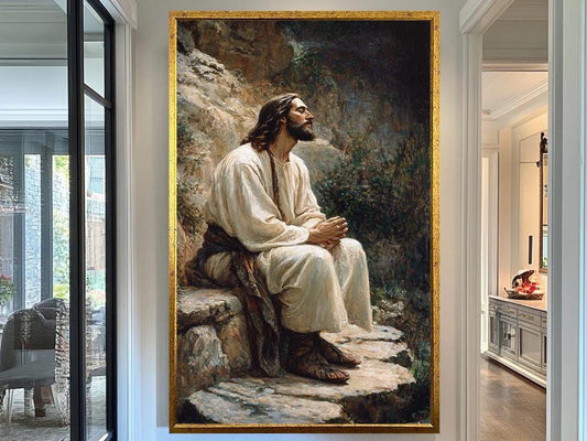 Jesus in Contemplation Wall Art, Peaceful Christian Painting, Inspirational Faith Artwork for Home, Prayer Room, or Church Décor