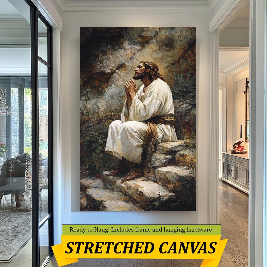 Jesus Praying in Serenity Artwork, Inspirational Christian Wall Art, Spiritual Faith Painting for Home, Church, and Prayer Room Decor